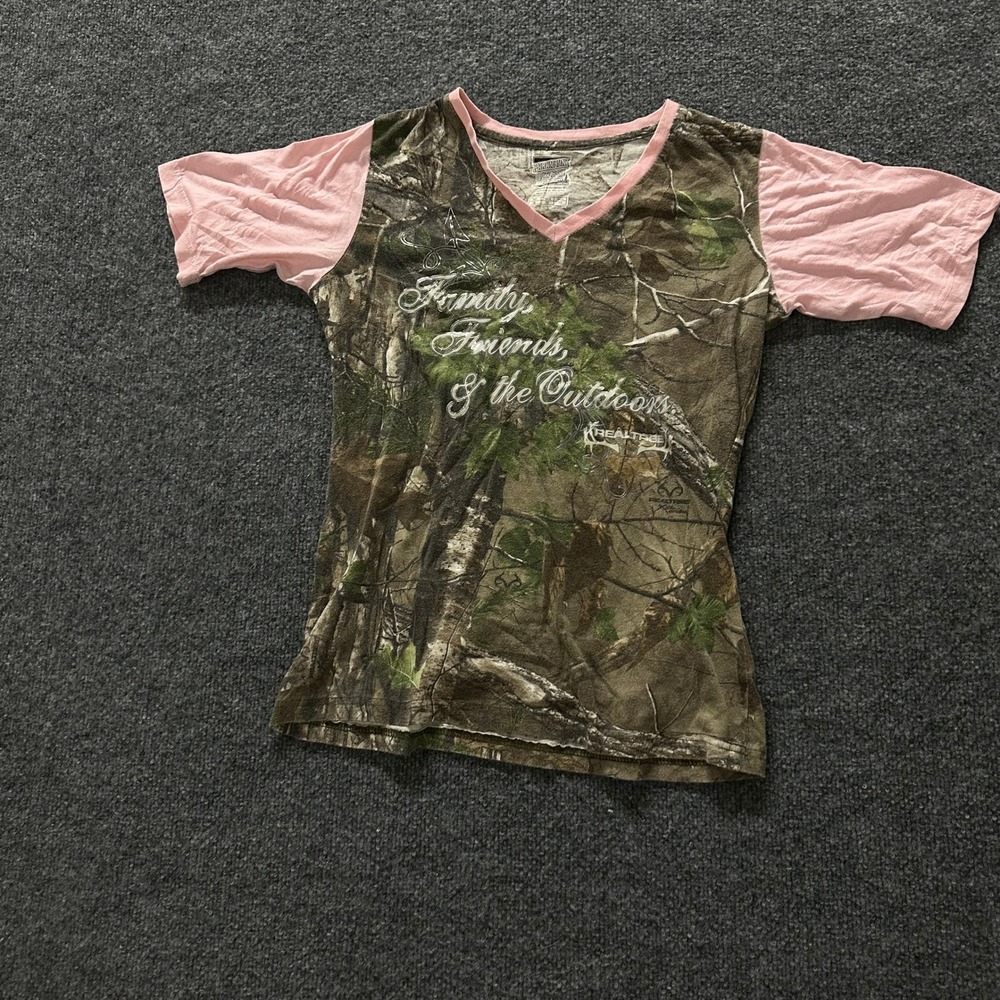 Paramount Outdoors T-Shirt Womens XL Pink Camo Realtree V-Neck Graphic Slim Fit